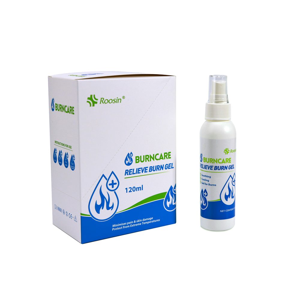 [540406] תרסיס ג'ל נגד כוויות ROOSIN - הקלה מיידית לכוויות! ג'ל 120 מ"ל לטיפול מהיר ויעיל בכוויות קלות, מרגיע את העור, מקרר באופן מיידי ומזרז את תהליך הריפוי. ללא דליפות וקל לשימוש. ברנשילד - מוצרי טיפול בכוויות. ס.מדיק יבוא