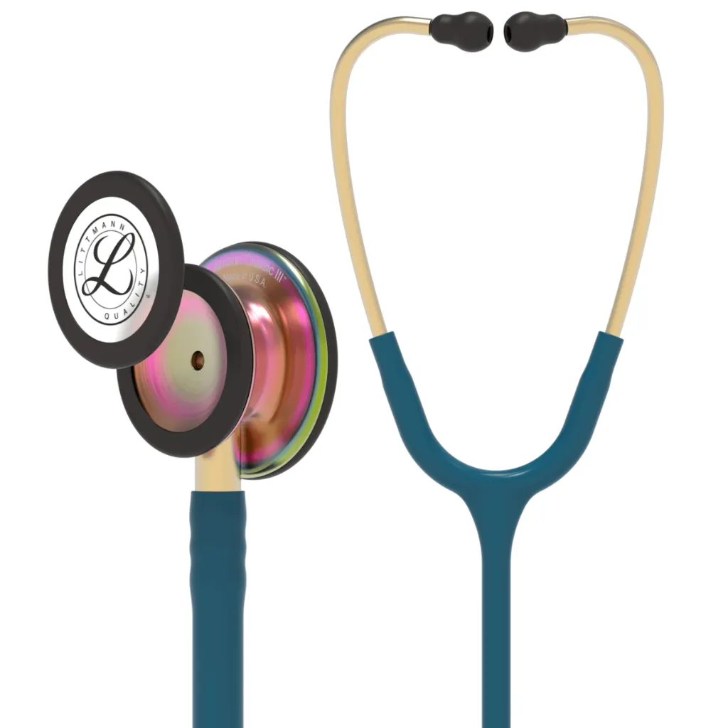 [260855] סטטוסקופ ליטמן 3M קלאסיק III. 3M™ Littmann® Classic III™ Stethoscope. צבע כחול קריביאן מתכת זהובה גימור קשת. Caribbean blue color, gold metal, rainbow finish. דגם 5807. ממברנה כפולה. אחריות יצרן 5 שנים . יבוא רשמי לישראל.