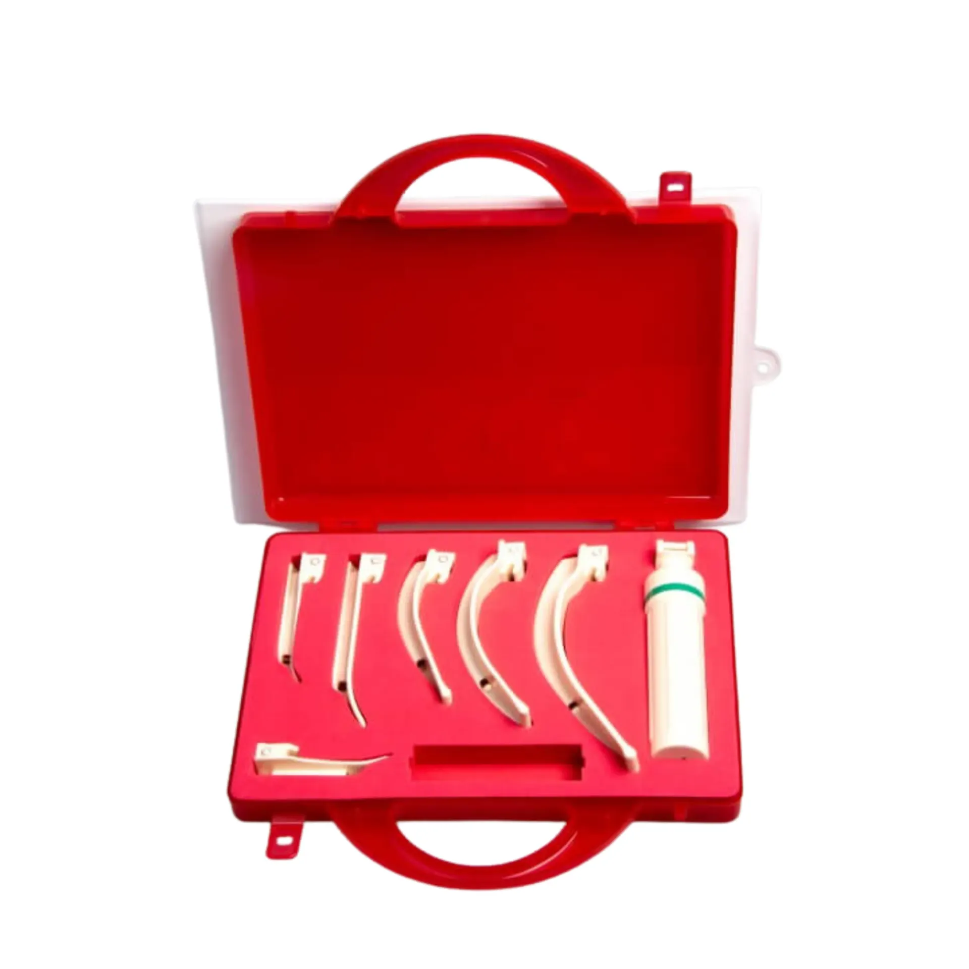 [100025] ערכת לרינגוסקופ פלסטיק. Laryngoscope Set Plastic. 6 להבים (3 ישרים + 3 עקומים Macintosh). סיב אופטי. כיסוי קשיח לנשיאה. ס.מדיק יבוא