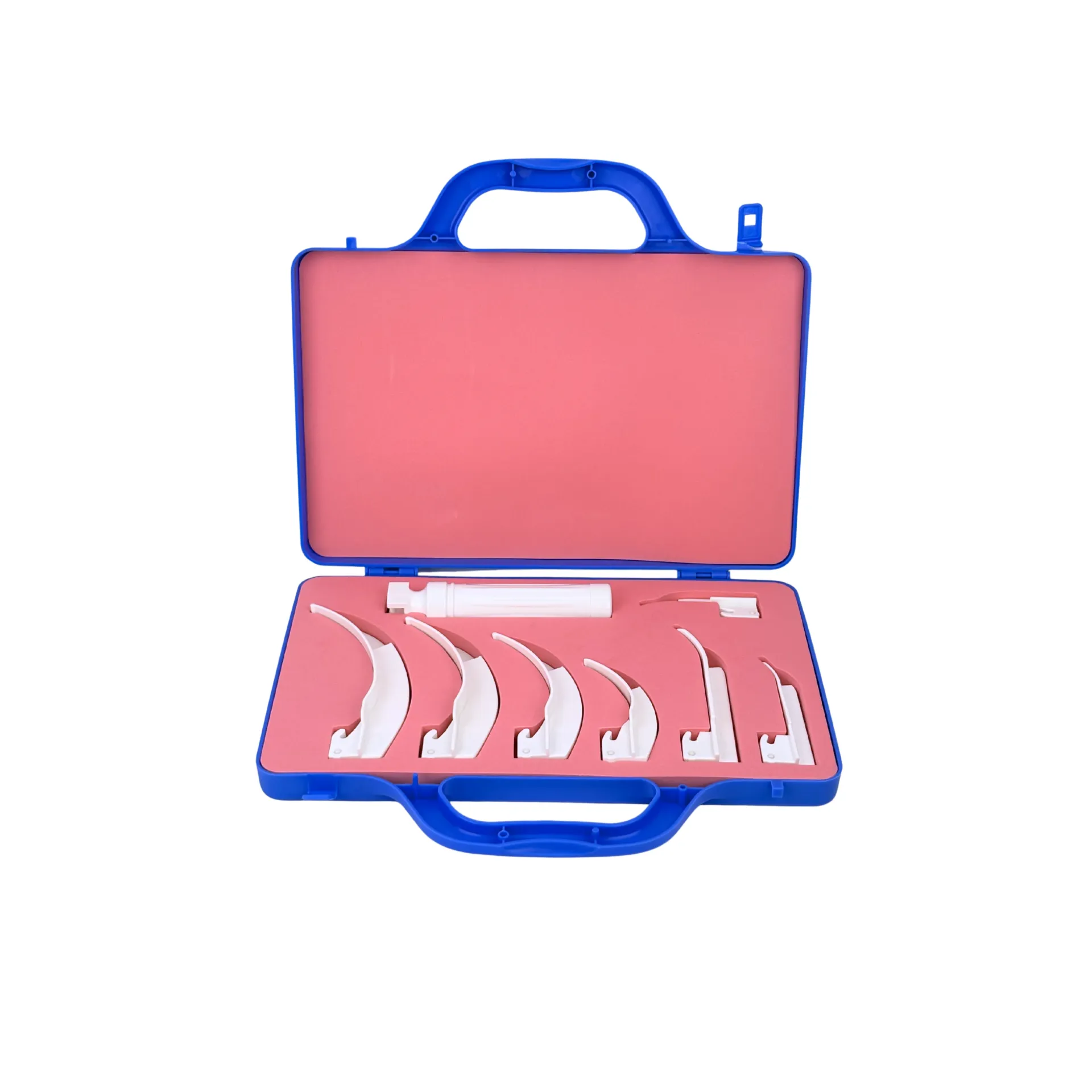 ערכת לרינגוסקופ פלסטיק. Laryngoscope Set Plastic. 6 להבים (3 ישרים + 3 עקומים Macintosh). סיב אופטי. כיסוי קשיח לנשיאה. ס.מדיק יבוא