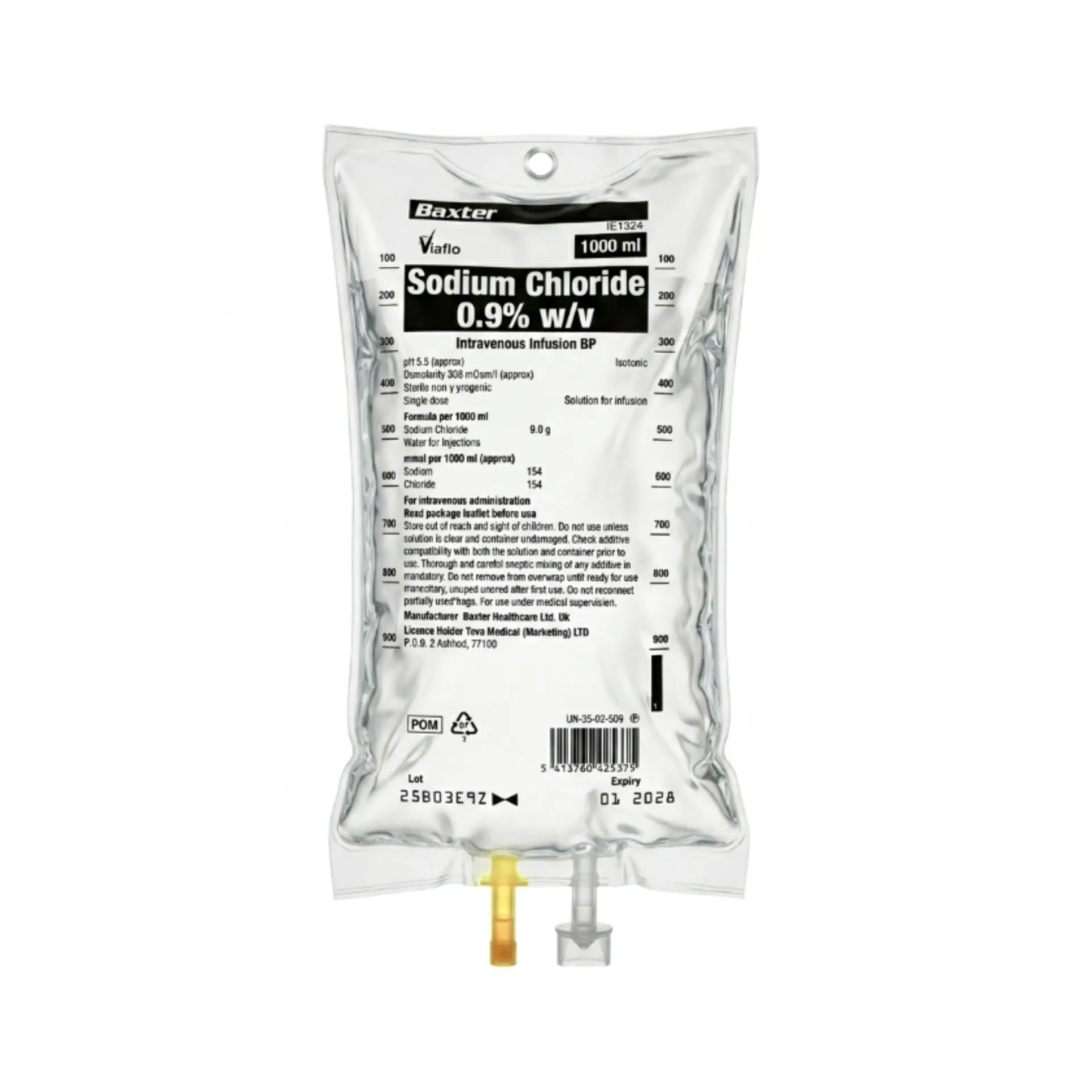 [580192] שקית עירוי סליין 1000 מ"ל. Saline Infusion Bag 0.9% NaCl. תמיסה סטרילית לעירוי תוך ורידי. ס.מדיק יבוא