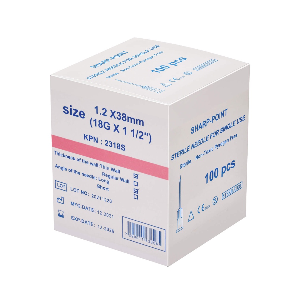 מחט היפודרמית סטרילית. 100 יחידות. Sterile Hypodermic Needle. . גדלים 16G עד 32G