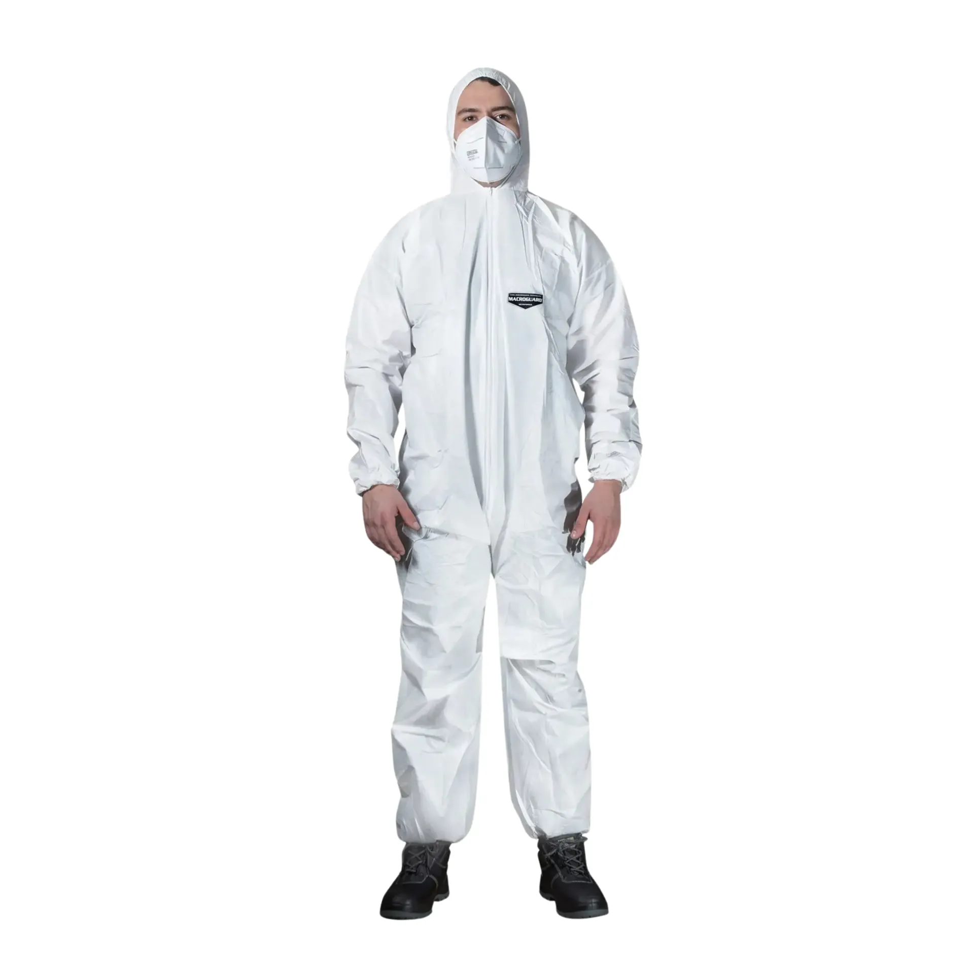 [300215] סרבל מוגן נוזלים חד פעמי. Disposable Protective Coverall MACROGUARD CLUTE. בד מיקרו נקבובי SFL. כולל ברדס וגומיות סגירה. ס.מדיק יבוא