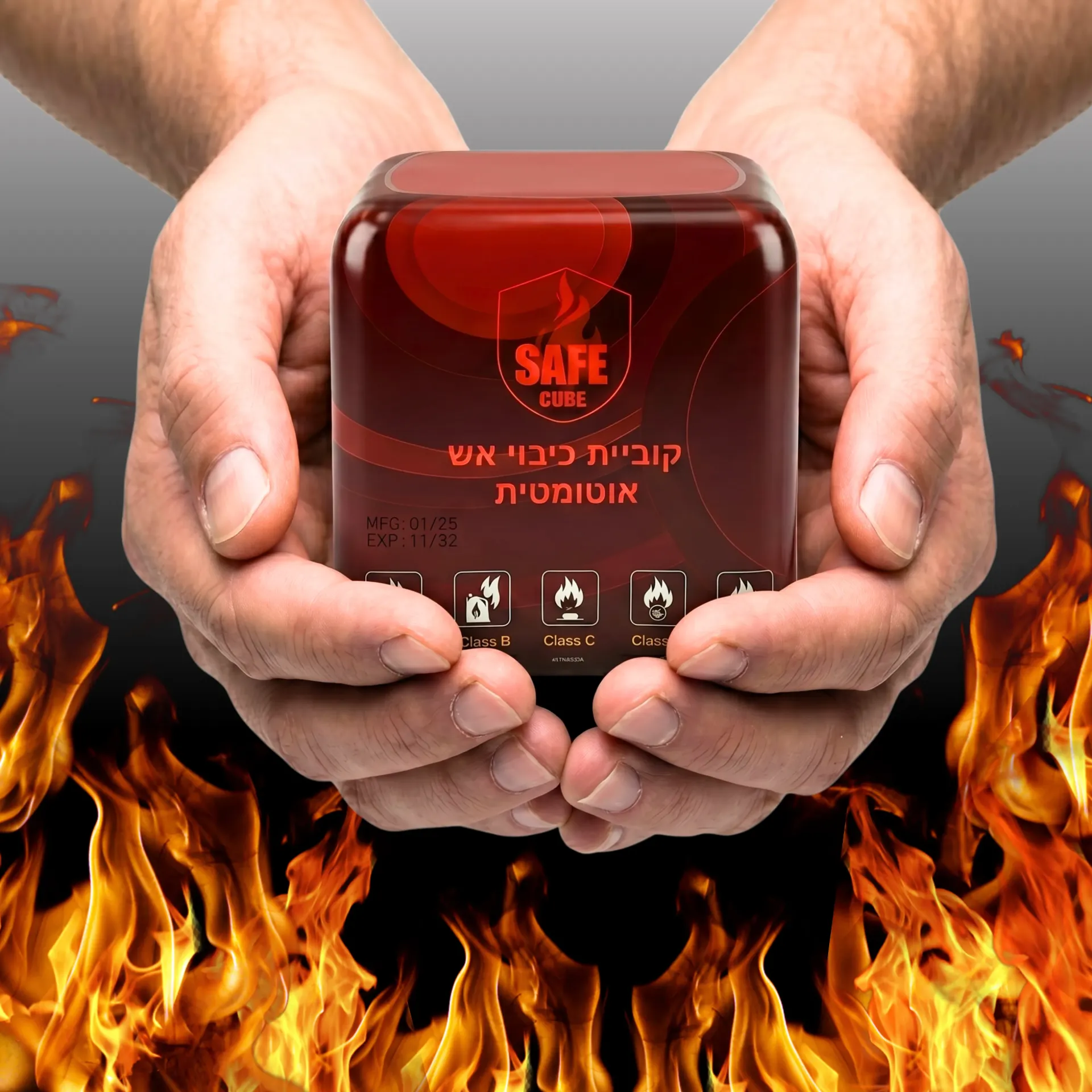 קוביית כיבוי אש אוטומטית. Automatic Fire Extinguisher Cube. 1.25 ק"ג אבקת ABC. מכבה שריפות A, B, C, E, F תוך 3 עד 5 שניות. חיי מדף 7 שנים. כולל מתקן לקיר. ס.מדיק יבוא