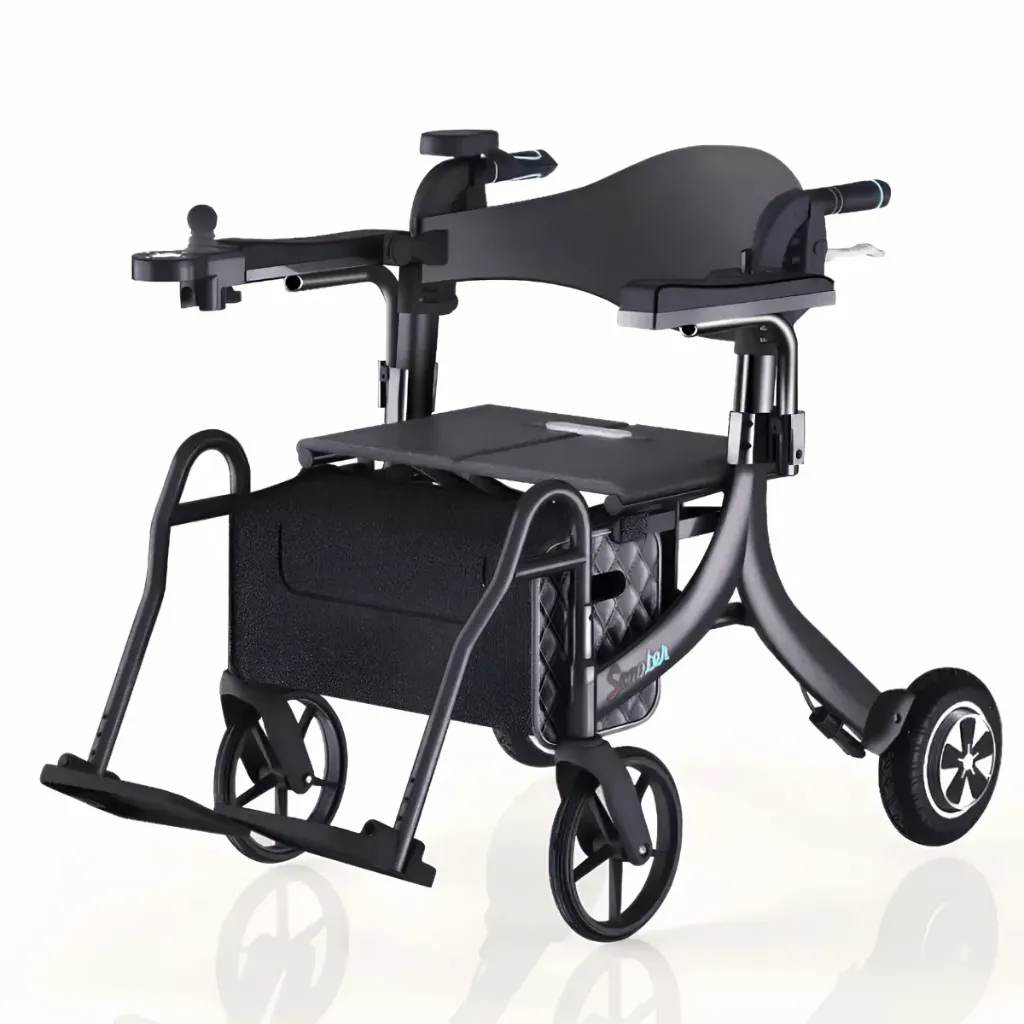 רולטור מתקפל שהופך לכסא ממונע. E Walker Electric Rollator Power Chair. 2 מנועים 250W. טווח נסיעה 12-20 ק"מ. כולל ג'ויסטיק למלווה. ס.מדיק יבוא