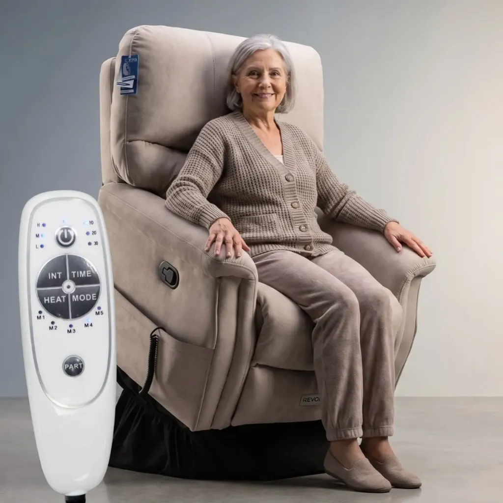 [990162] כורסת קימה חשמלית ומסאז' REVOLUTION. Electric Lift Massage Recliner. 2 מנועים גרמניים. ויברציות בישיבה וברגליים. חימום בגב התחתון. רוחב מושב 56 ס"מ. עד 150 ק"ג (קפוצ'ינו)