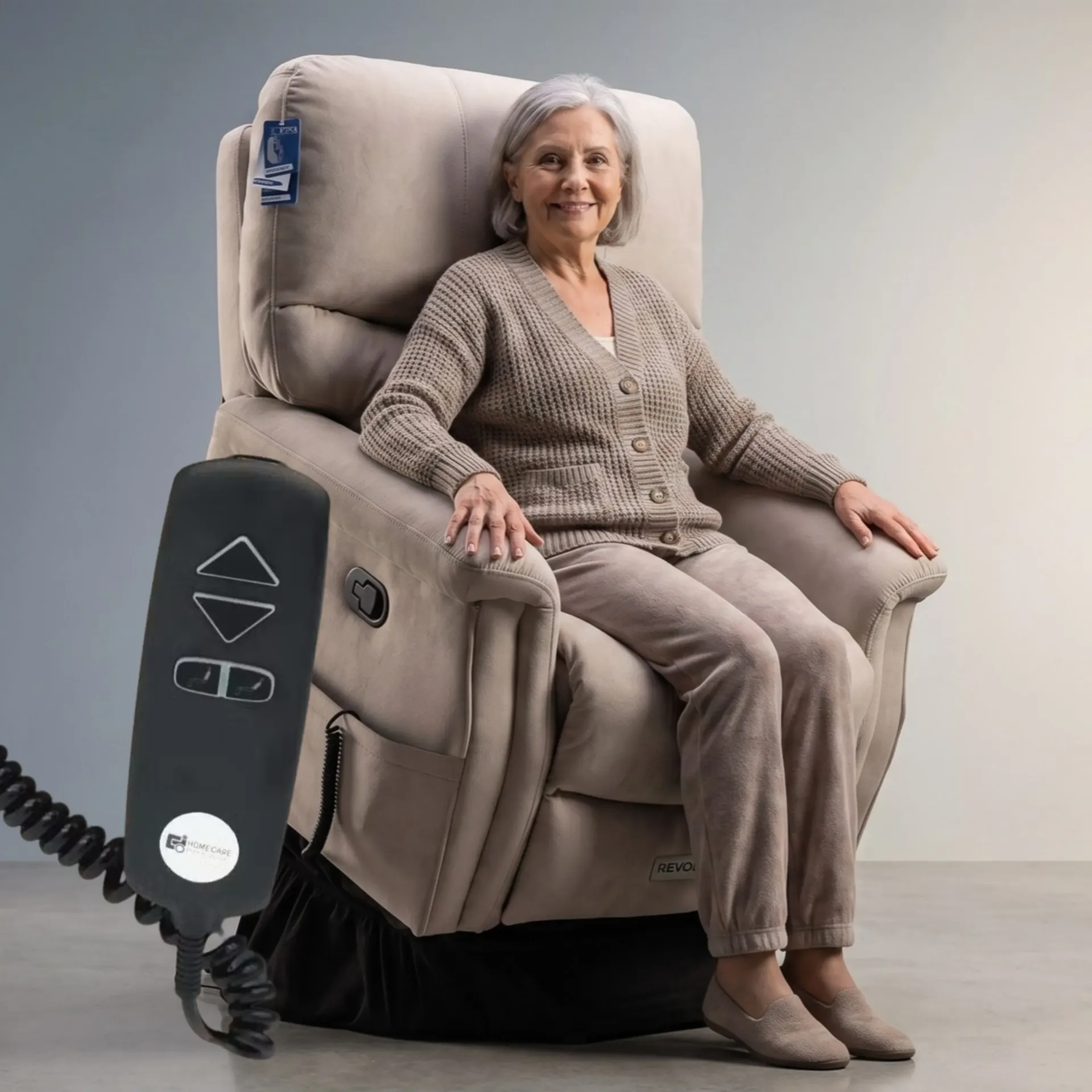 [990162] כורסת קימה חשמלית ומסאז' REVOLUTION. Electric Lift Massage Recliner. 2 מנועים גרמניים. ויברציות בישיבה וברגליים. חימום בגב התחתון. רוחב מושב 56 ס"מ. עד 150 ק"ג (קפוצ'ינו)