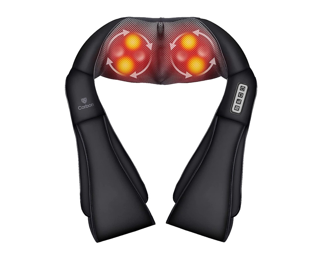 חגורת עיסוי שיאצו לגב ולצוואר. Carbon SMB-312. גלילי עיסוי 3D. חימום. כולל מתאם לרכב