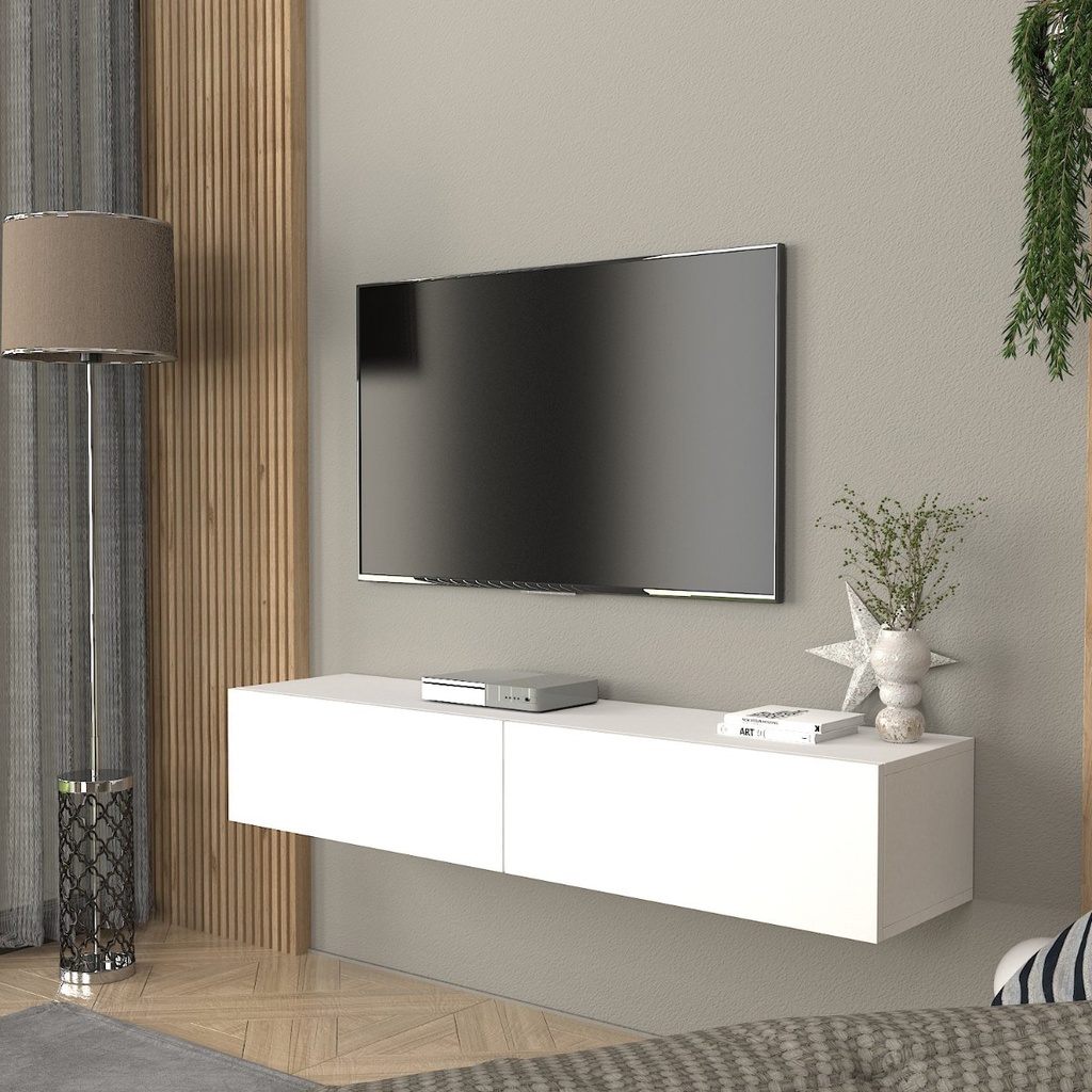 [990181] מזנון טלוויזיה צף Jorah. לבן. 2 דלתות נפתחות כלפי מטה. תלייה על הקיר