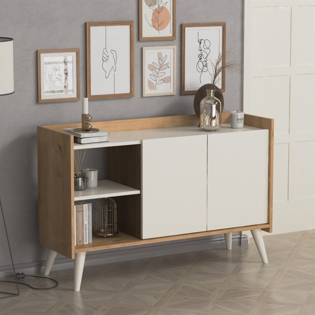 קונסולה מעוצבת Ruby. אלון משולב לבן. 123.5 x 40 x 80 ס"מ. 2 דלתות ומדפים פתוחים