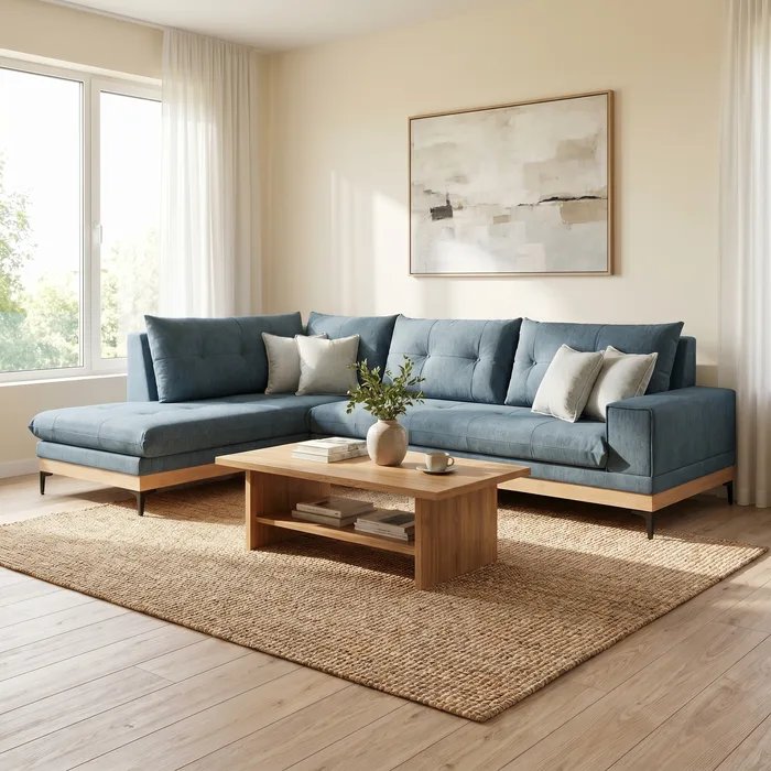 [990315] ספה פינתית דגם לימנוס. Limnos Corner Sofa. בסיס עץ אלון. בד וגוון לבחירה