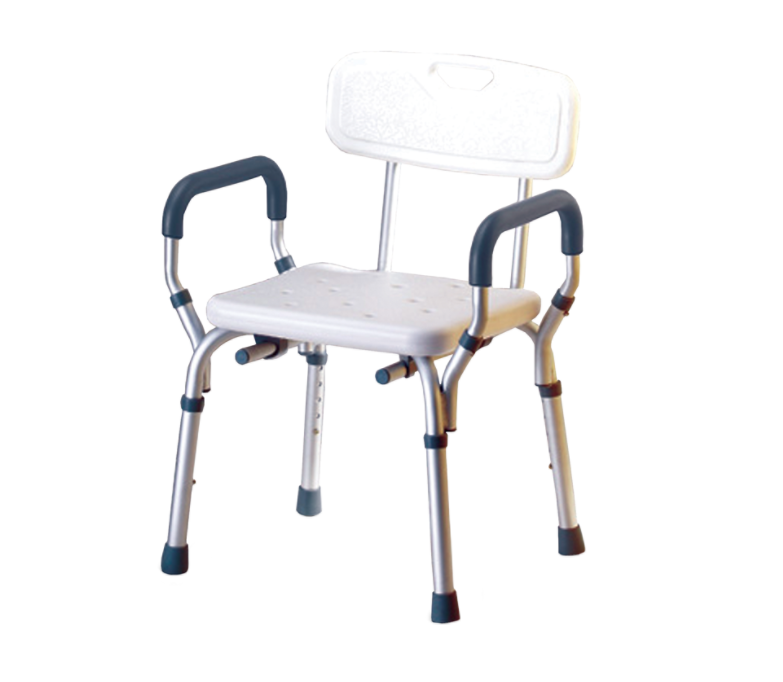 כיסא רחצה טלסקופי עם ידיות. Telescopic Bath Chair. מושב מחורר, ידיות ומשענת נשלפות. שלדת אלומיניום. ס.מדיק יבוא