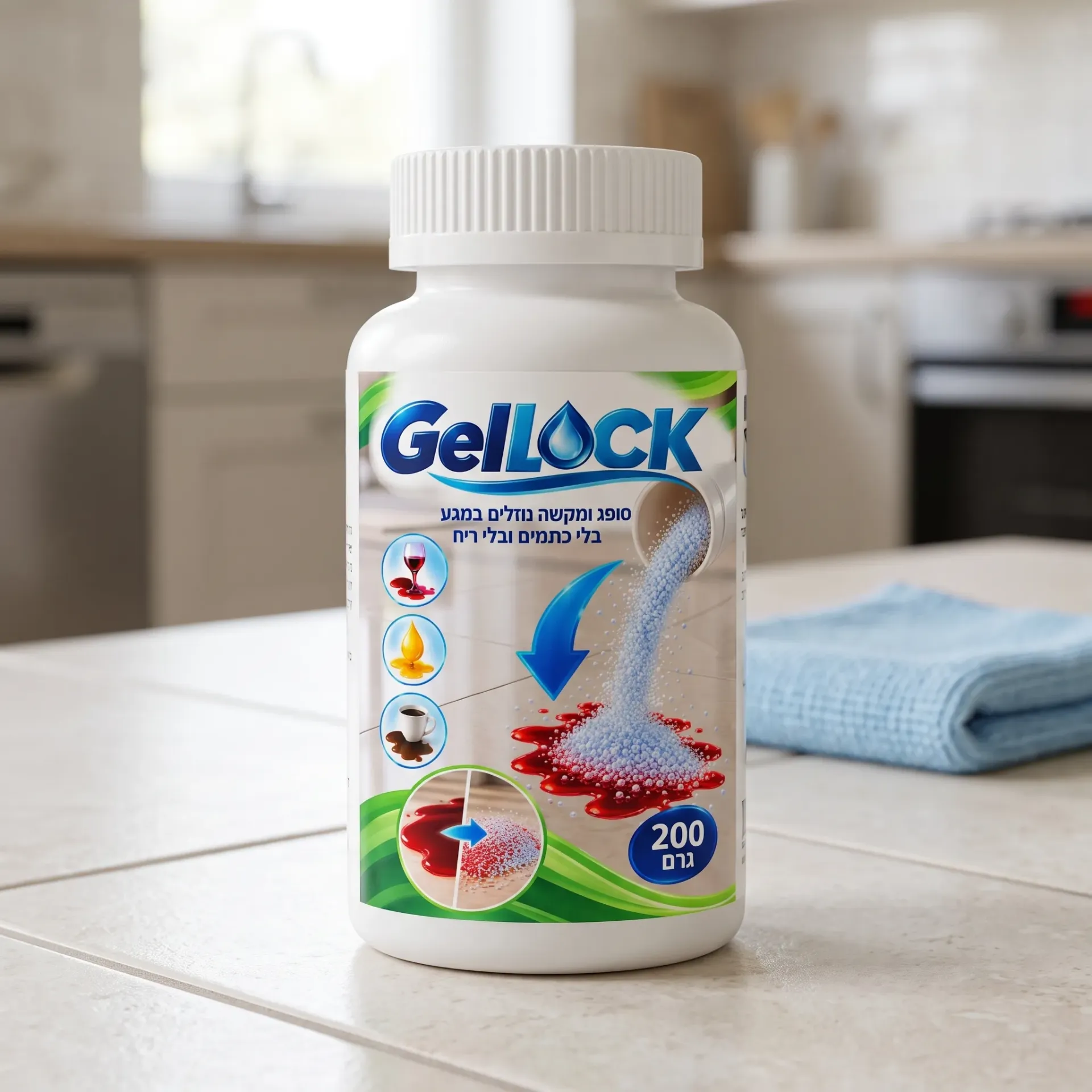 [5800101] אבקה סופחת לנוזלים GelLOCK. ניקוי מהיר וקל של כל שפך: הופכת נוזל לג'ל תוך 1–2 דקות. באישור משרד הבריאות. ס.מדיק יבוא