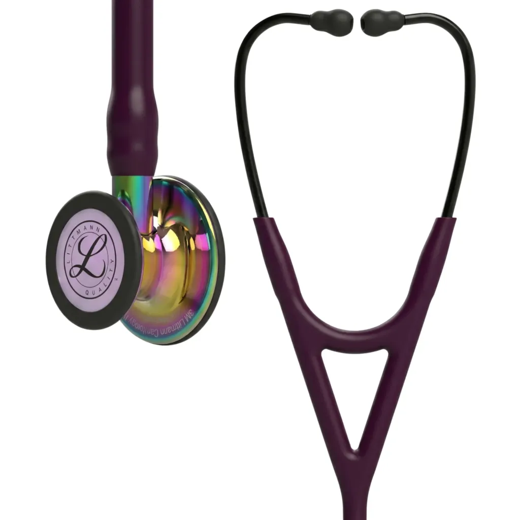 [261409] סטטוסקופ ליטמן 3M™ קרדיולוגי IV. 3M™ Littmann® Cardiology IV™ Stethoscope. צבע שזיף מוט סגול גימור קשת בענן. Plum Purple Stem Cloud Arch. דגם 6205. ראש כפול. אחריות יצרן 5 שנים. יבוא רשמי לישראל.