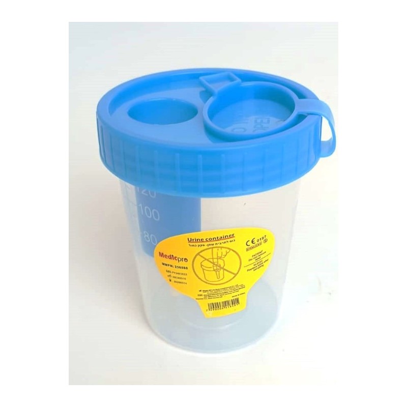 כוס סטרילית לתרבית שתן 120 מ"ל. Urine Container. פקק הברגה כחול, יחידה אחת. Medicpro