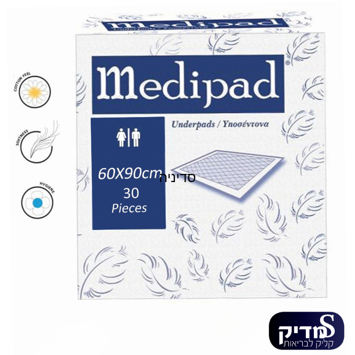 סדין חד-פעמי רפואי. משטח סופג 90X60 יח' 30 באריזה - 6 אריזות. ספיגה מעולה. אטימות מוחלטת. היפואלרגני. ס.מדיק יבוא