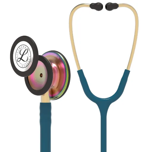 [260855] סטטוסקופ ליטמן 3M קלאסיק III. 3M™ Littmann® Classic III™ Stethoscope. צבע כחול קריביאן מתכת זהובה גימור קשת. Caribbean blue color, gold metal, rainbow finish. דגם 5807. ממברנה כפולה. אחריות יצרן 5 שנים . יבוא רשמי לישראל.