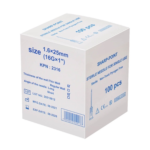 [463611] מחט היפודרמית סטרילית. 100 יחידות. Sterile Hypodermic Needle. . גדלים 16G עד 32G (16G)